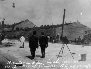 Photo shows a building "Built in 8 hours by the union carpenters of Vancouver", 1910s.