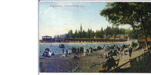 Coloured beach scene at English Bay, Vancouver. Vintage postcard. SFU Postcard collection.