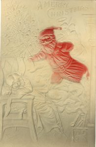 Embossed postcard Santa with toys with little girl asleep. Vancouver 1912